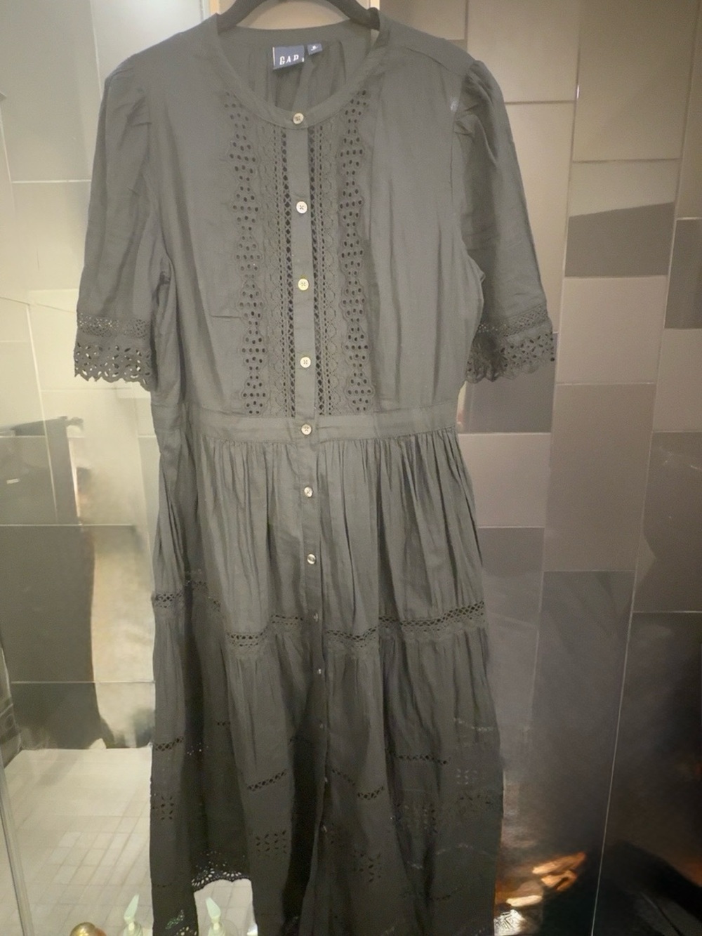 Gap Black Lace Eyelet Button Front Midi Dress Size M 100% Cotton